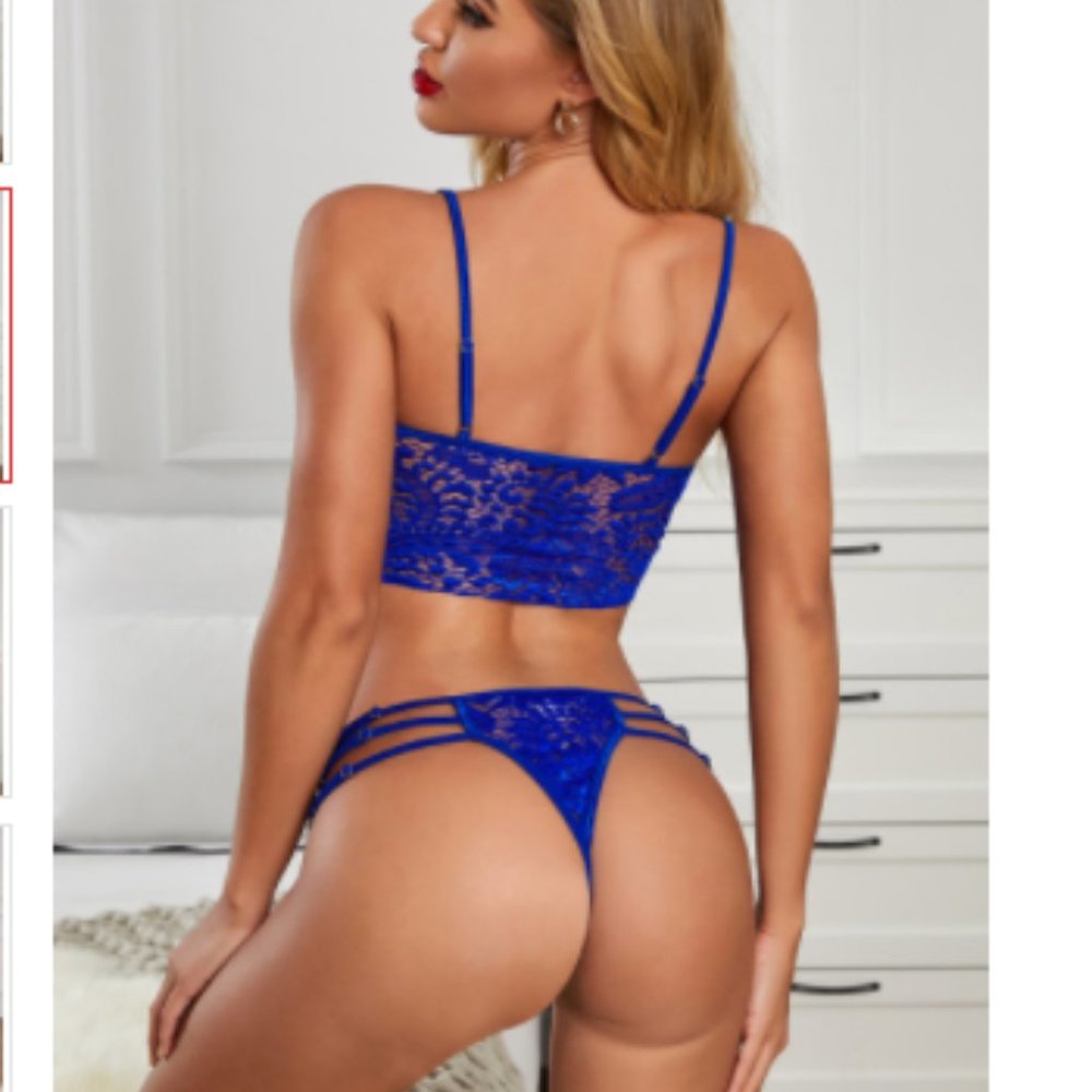 Blue Spaghetti Straps Hollow-out Lace Bra Set L - Picture 2 of 2
